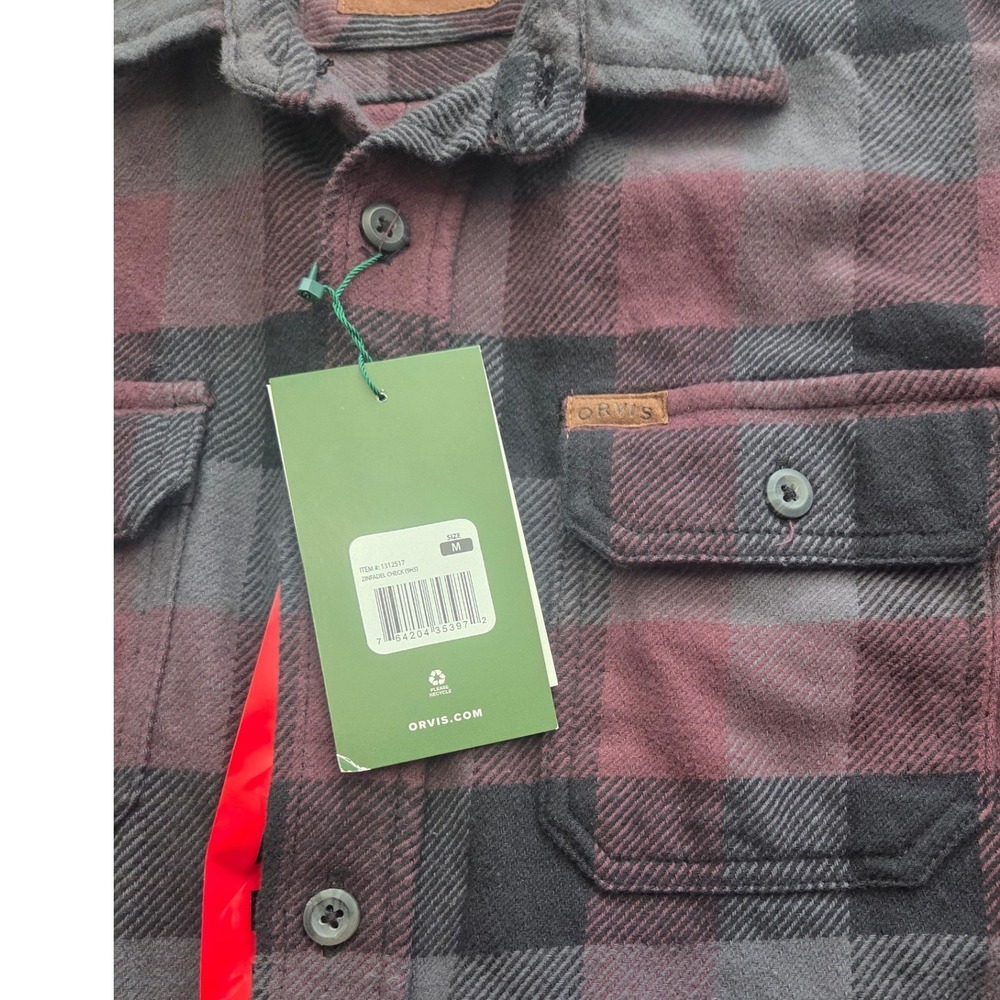 New Orvis Big Bear Flannel Shirt Mens Size M Burgundy Plaid Heavyweight Brushed - Picture 2 of 9